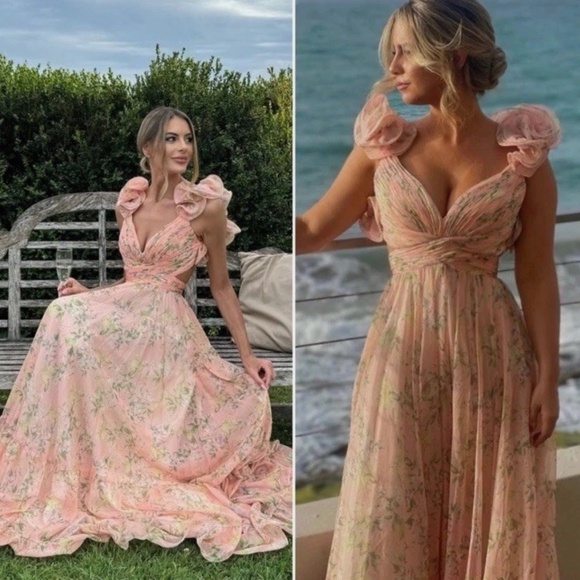 NWT Mac Duggal Floral Chiffon Cutout Ruffle Pink Ball Gown Maxi Dress (Size 2) - Picture 4 of 4